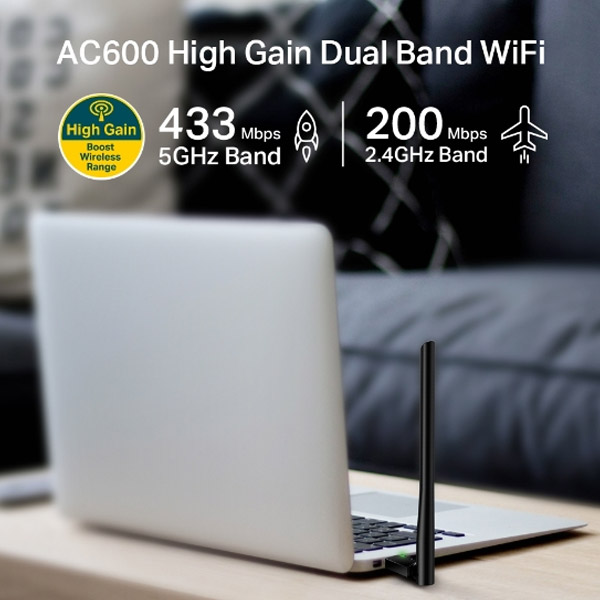 TP-Link Archer T2U Plus, AC600 High Gain Wi-Fi dvojpásmový USB adaptér