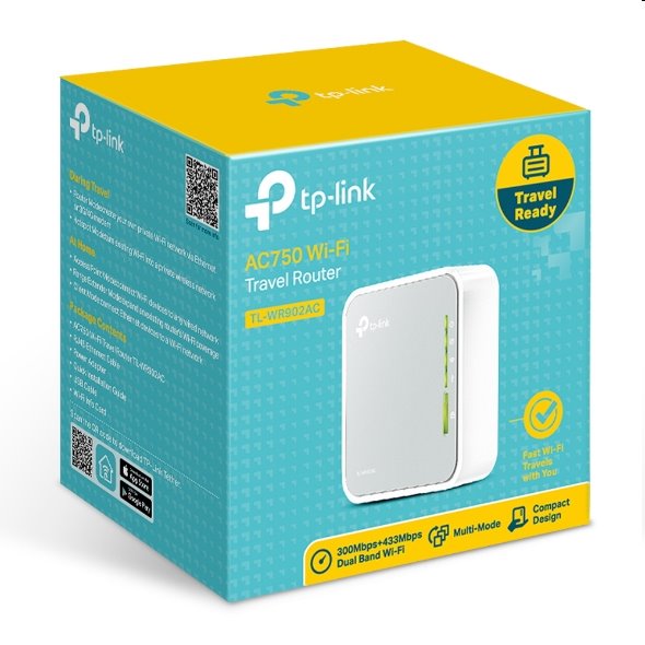 tp-link TL-WR902AC, Dual Band Wireless N Router, 750Mbit/s, 802.11b/g/n, 1x WAN/LAN 10/100M, 1x USB 2.0, pocket size