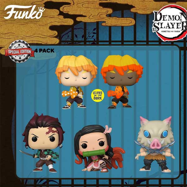 POP! Animation: 4 PackTanjiro & Nezuko & Zenitsu & Inosuke (Demon Slayer) Special Editon (Glows in The Dark)