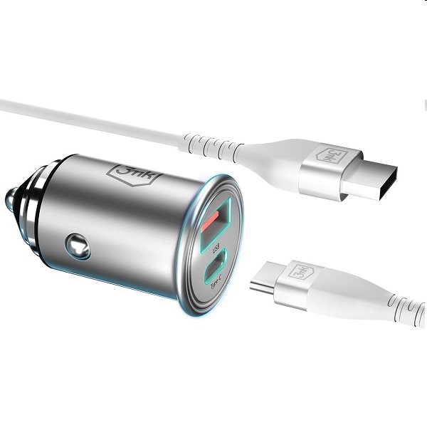 3mk nabíjačka do auta, 30 W, USB-A a USB-C, strieborná