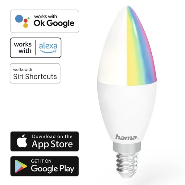 Hama SMART WiFi LED žiarovka, E14, 5,5 W, RGBW, stmievateľná Hama SMART WiFi LED žiarovka, E14, 5,5 W, RGBW, stmievateľná