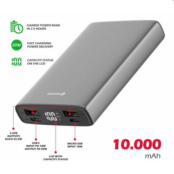 Swissten Aluminum powerbanka 10 000 mAh 20 W, PD, šedá