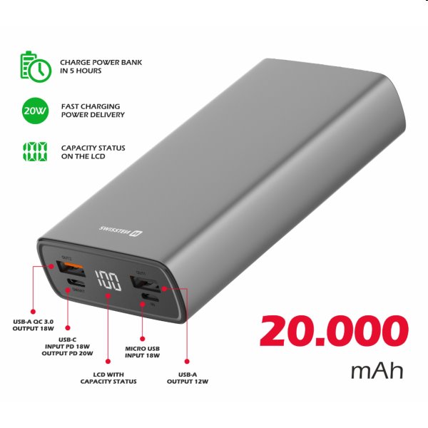 Swissten Aluminum powerbanka 20 000 mAh 20 W, PD, šedá