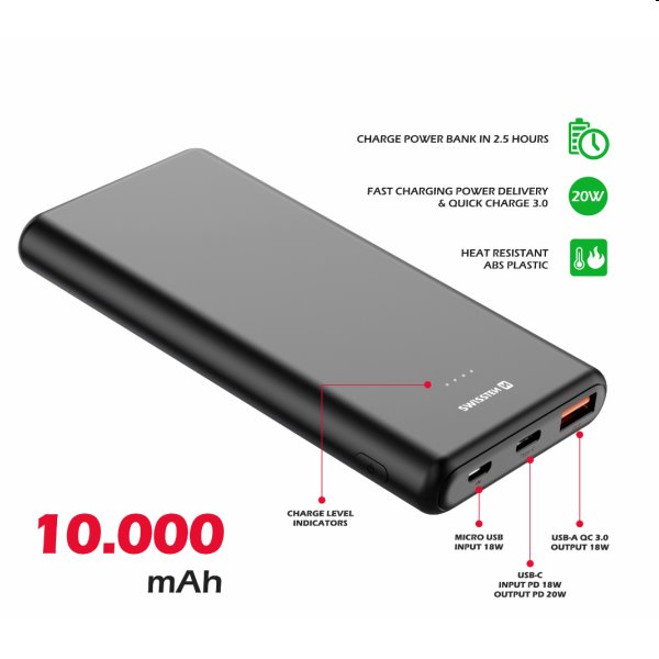 Swissten Power Line powerbanka 10 000 mAh 20 W, PD, čierna