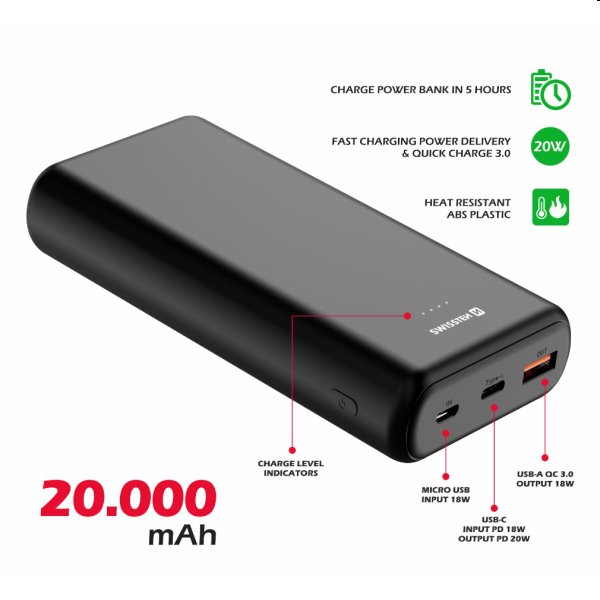Swissten Power Line powerbanka 20 000 mAh 20 W, PD, čierna Swissten Power Line powerbanka 20 000 mAh 20 W, PD, čierna
