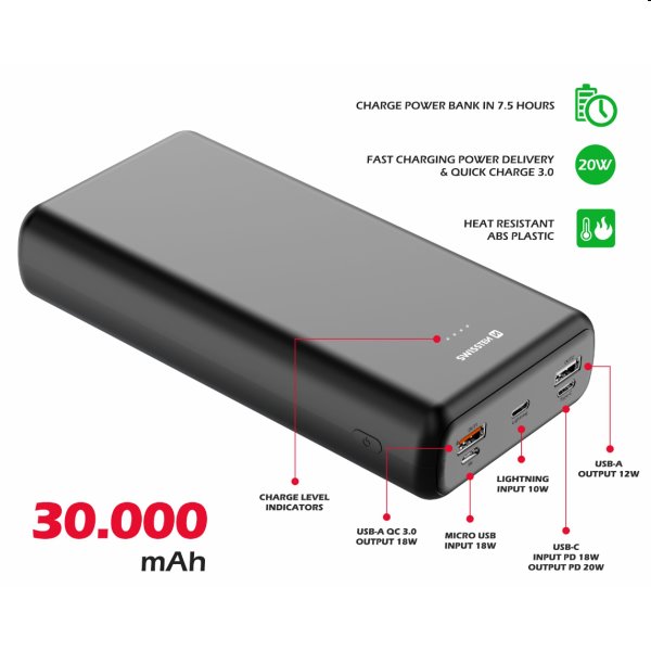 Swissten Power Line powerbanka 30000 mAh 20 W, PD, čierna