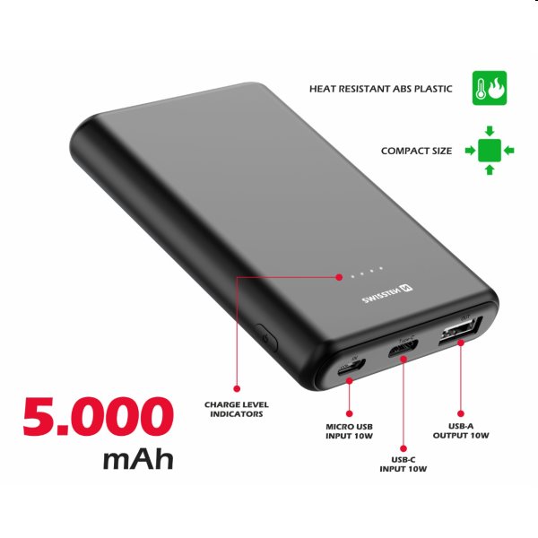 Swissten Power Line powerbanka 5 000 mAh 10 W, čierna