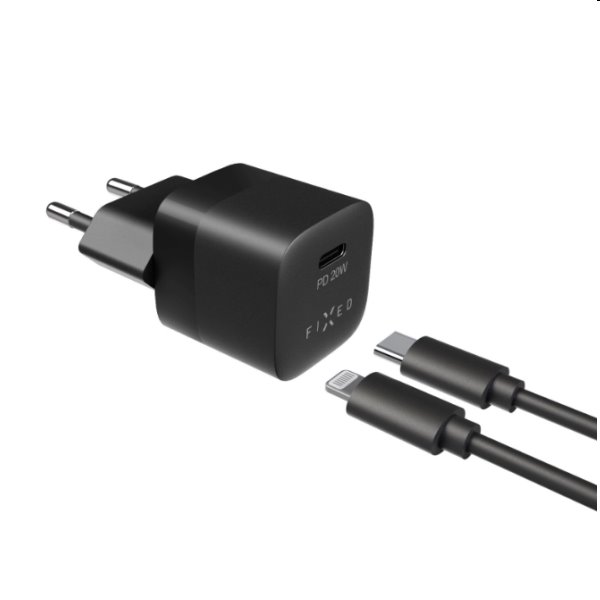 FIXED Set Sieťová mini nabíjačka s USB-C výstupom a USB-C/Lightning MFI kábel 1 m, PD, 20 W, čierna