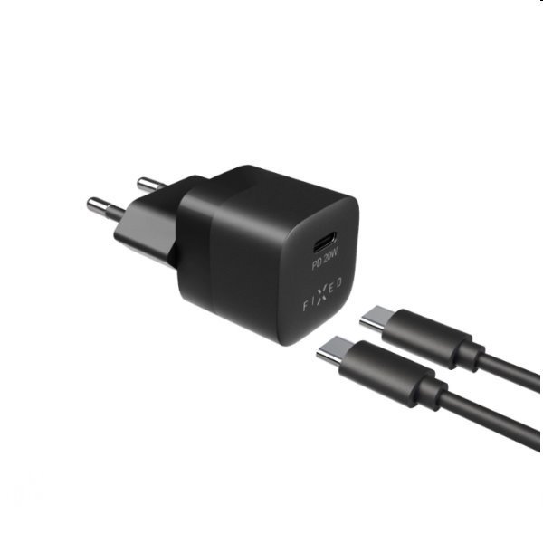 FIXED Set Sieťová mini nabíjačka s USB-C výstupom a USB-C/USB-C kábel, 1 m, PD, 20 W, čierna