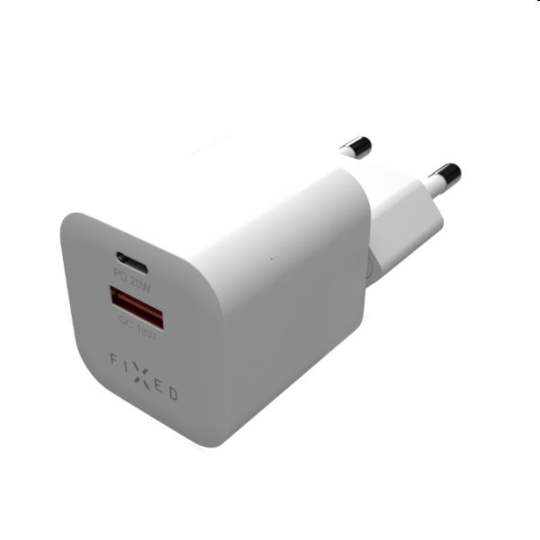 FIXED Sieťová mini nabíjačka USB-C/USB, PD, QC 3.0, 20 W, biela