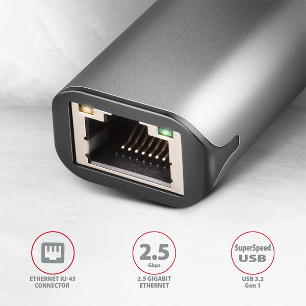 AXAGON ADE-25RC Type-C USB3.2 Gen 1 - 2.5 gigabitový Ethernet 10/100/1000/2500 adaptér, titánová sivá