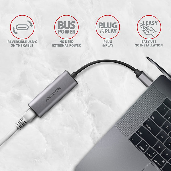 AXAGON ADE-25RC Type-C USB3.2 Gen 1 - 2.5 gigabitový Ethernet 10/100/1000/2500 adaptér, titánová sivá AXAGON ADE-25RC Type-C USB3.2 Gen 1 - 2.5 gigabitový Ethernet 10/100/1000/2500 adaptér, titánová sivá