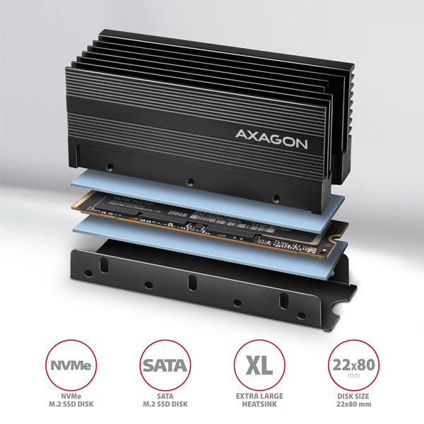 AXAGON CLR-M2XL hliníkový pasívny chladič pre obojstranný - M.2 SSD disk, 80mm SSD, výška 36mm