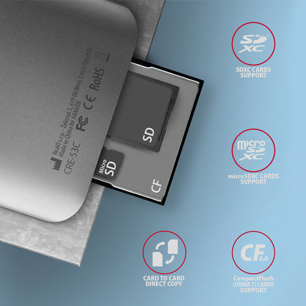 AXAGON CRE-S3 Externá čítačka kariet USB-A 3.2 Gen 1, 3-slot & lun SD/microSD/CF, podpora UHS-II AXAGON CRE-S3 Externá čítačka kariet USB-A 3.2 Gen 1, 3-slot & lun SD/microSD/CF, podpora UHS-II