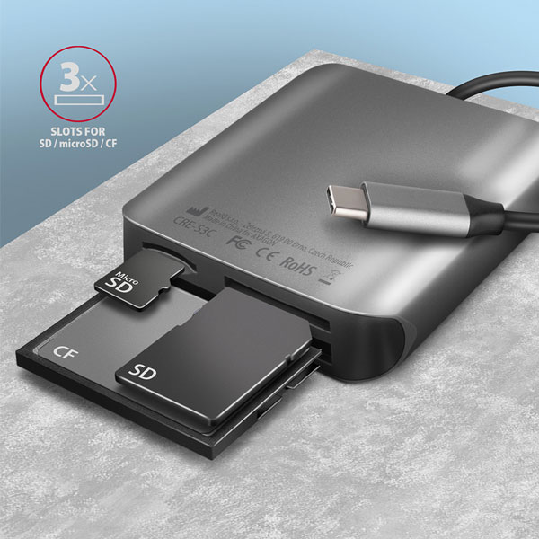 AXAGON CRE-S3 Externá čítačka kariet USB-A 3.2 Gen 1, 3-slot & lun SD/microSD/CF, podpora UHS-II AXAGON CRE-S3 Externá čítačka kariet USB-A 3.2 Gen 1, 3-slot & lun SD/microSD/CF, podpora UHS-II
