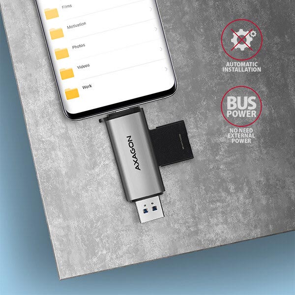 AXAGON CRE-SAC External USB 3.2 Gen1 Type-C+Type-A čítačka pamäťových kariet, 2 sloty SD/microSD AXAGON CRE-SAC External USB 3.2 Gen1 Type-C+Type-A čítačka pamäťových kariet, 2 sloty SD/microSD