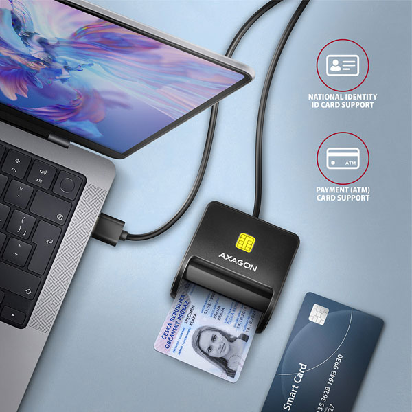 AXAGON CRE-SM3SD, USB-A FlatReader 4-slot čítačka kariet ID card (eID klient) + SD/microSD/SIM, 1,3 m kábel
