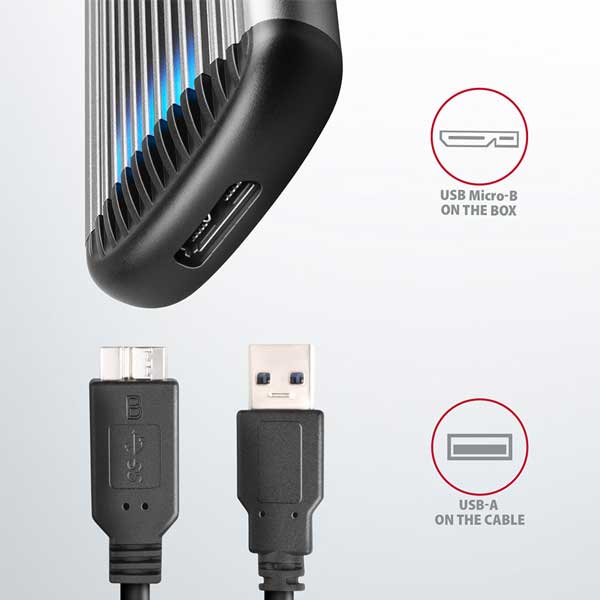 AXAGON EEM2-SA USB micro-B 3.2 Gen 1 - M.2 SATA SSD 30-80mm RIBBED box, bez skrutiek AXAGON EEM2-SA USB micro-B 3.2 Gen 1 - M.2 SATA SSD 30-80mm RIBBED box, bez skrutiek