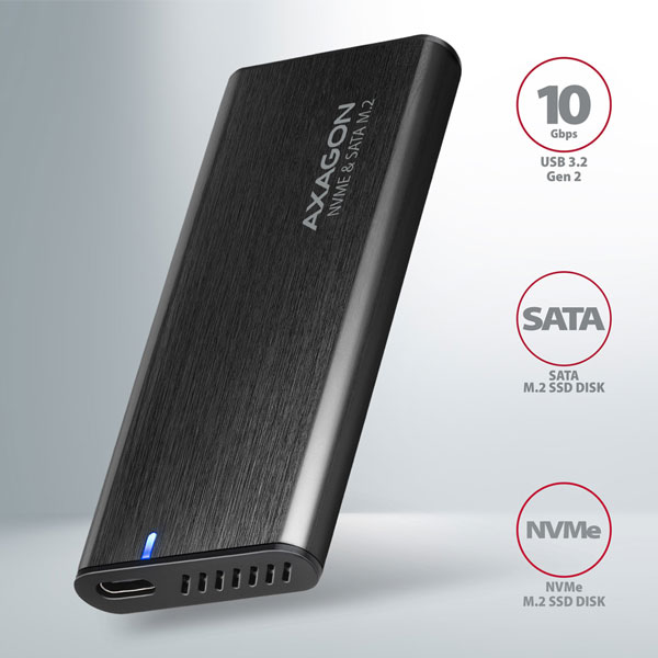 AXAGON EEM2-SB2 USB-C 3.2 Gen 2 - M.2 NVMe a SATA SSD kovový RAW box bez skrutiek, čierny AXAGON EEM2-SB2 USB-C 3.2 Gen 2 - M.2 NVMe a SATA SSD kovový RAW box bez skrutiek, čierny