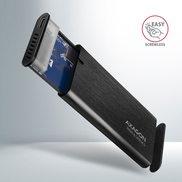 AXAGON EEM2-SB2 USB-C 3.2 Gen 2 - M.2 NVMe a SATA SSD kovový RAW box bez skrutiek, čierny AXAGON EEM2-SB2 USB-C 3.2 Gen 2 - M.2 NVMe a SATA SSD kovový RAW box bez skrutiek, čierny