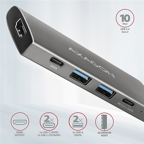 AXAGON HMC-5G2 2x USB-A + 2x USB-C + HDMI, USB-C 3.2 Gen 2 10 Gbps hub, PD 60 W, 13 cm USB-C kábel AXAGON HMC-5G2 2x USB-A + 2x USB-C + HDMI, USB-C 3.2 Gen 2 10 Gbps hub, PD 60 W, 13 cm USB-C kábel