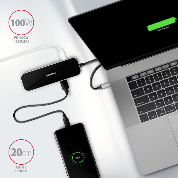 AXAGON HMC-6H4A 4x USB-A + HDMI, USB-C 3.2 Gen 1 hub, PD 100 W, 20 cm USB-C kábel AXAGON HMC-6H4A 4x USB-A + HDMI, USB-C 3.2 Gen 1 hub, PD 100 W, 20 cm USB-C kábel