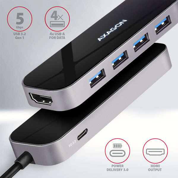 AXAGON HMC-6H4A 4x USB-A + HDMI, USB-C 3.2 Gen 1 hub, PD 100 W, 20 cm USB-C kábel AXAGON HMC-6H4A 4x USB-A + HDMI, USB-C 3.2 Gen 1 hub, PD 100 W, 20 cm USB-C kábel