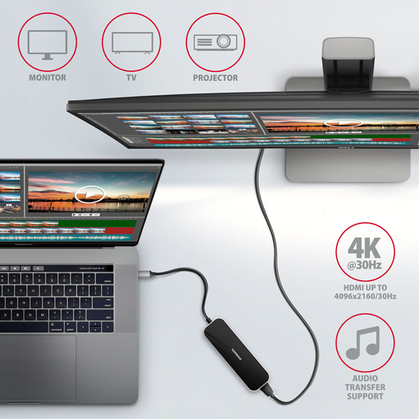 AXAGON HMC-6H4A 4x USB-A + HDMI, USB-C 3.2 Gen 1 hub, PD 100 W, 20 cm USB-C kábel AXAGON HMC-6H4A 4x USB-A + HDMI, USB-C 3.2 Gen 1 hub, PD 100 W, 20 cm USB-C kábel
