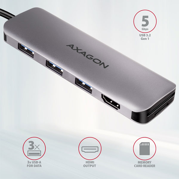 AXAGON HMC-HCR3A 3x USB-A + HDMI + SD/microSD, USB-C 3.2 Gen 1 hub, 20 cm USB-C kábel AXAGON HMC-HCR3A 3x USB-A + HDMI + SD/microSD, USB-C 3.2 Gen 1 hub, 20 cm USB-C kábel