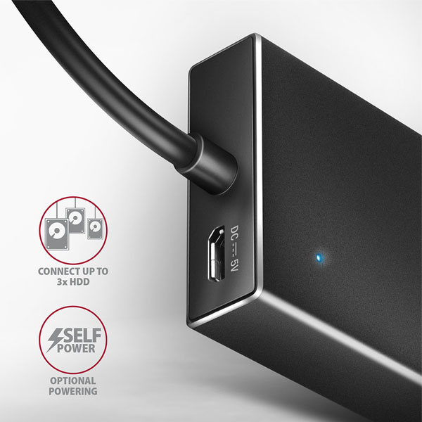 AXAGON HUE-F7C 7x USB 3.2 Gen 1 ALU FLAT hub, micro USB napájací konektor, 30 cm USB-C kábel