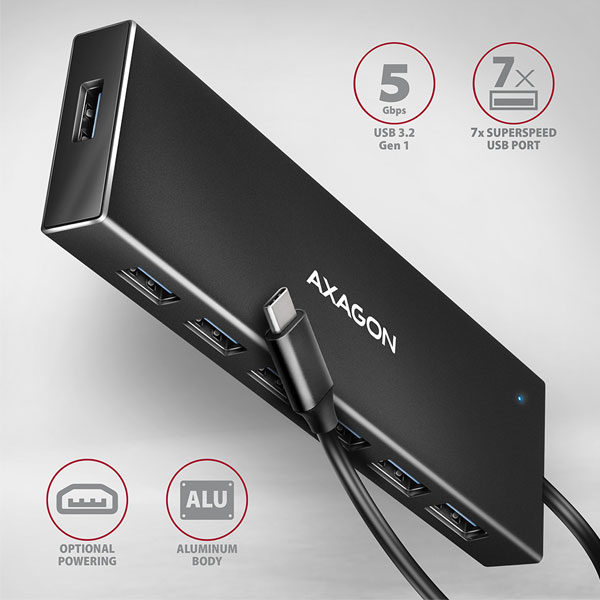 AXAGON HUE-F7C 7x USB 3.2 Gen 1 ALU FLAT hub, micro USB napájací konektor, 30 cm USB-C kábel