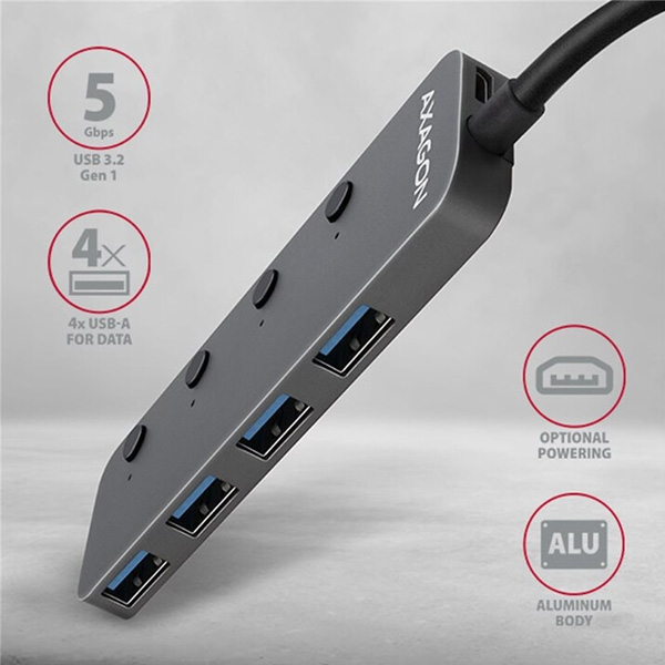 AXAGON HUE-MSA 4x USB3.2 Gen 1 SWITCH hub, kovový, micro USB power IN, 20 cm USB-A kábel