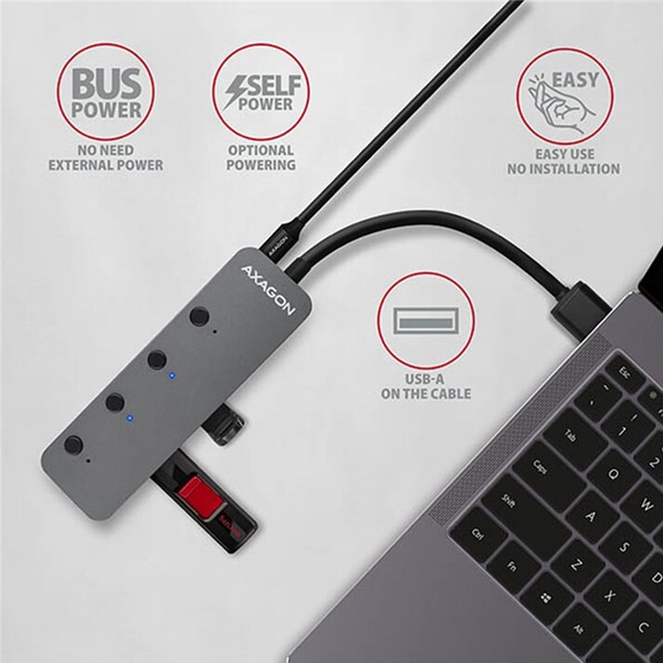 AXAGON HUE-MSA 4x USB3.2 Gen 1 SWITCH hub, kovový, micro USB power IN, 20 cm USB-A kábel