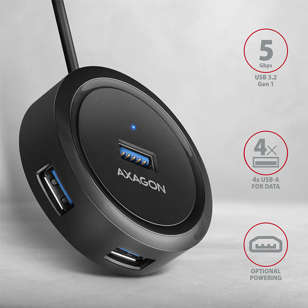 AXAGON HUE-P1AL 4x USB 3.2 Gen 1 ROUND hub, micro USB napájací konektor, 1,2m USB-A kábel