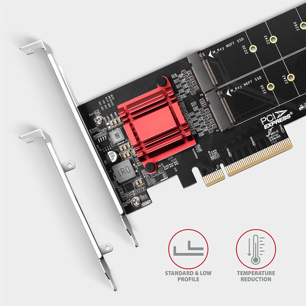 AXAGON PCEM2-ND PCE-E 3.0 8x radič - dual M.2 NVMe M-key slot podpora dosiek bez bifurkácie, SP & LP, up to 110 mm SSD