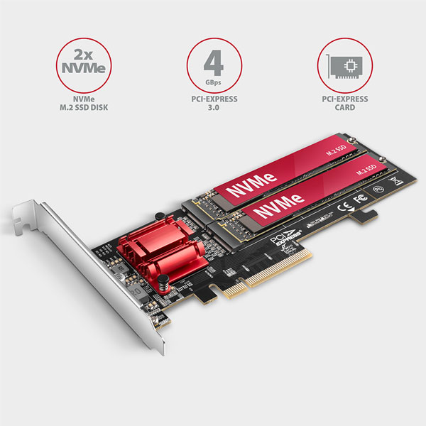 AXAGON PCEM2-ND PCE-E 3.0 8x radič - dual M.2 NVMe M-key slot podpora dosiek bez bifurkácie, SP & LP, up to 110 mm SSD AXAGON PCEM2-ND PCE-E 3.0 8x radič - dual M.2 NVMe M-key slot podpora dosiek bez bifurkácie, SP & LP, up to 110 mm SSD