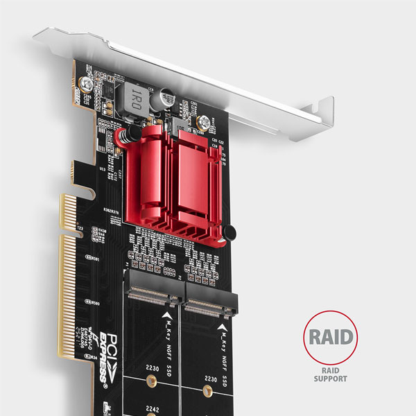 AXAGON PCEM2-ND PCE-E 3.0 8x radič - dual M.2 NVMe M-key slot podpora dosiek bez bifurkácie, SP & LP, up to 110 mm SSD