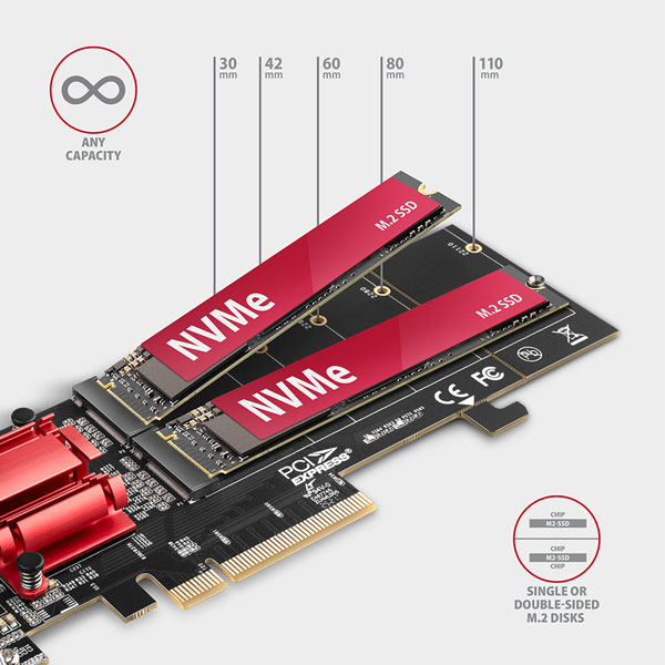 AXAGON PCEM2-ND PCE-E 3.0 8x radič - dual M.2 NVMe M-key slot podpora dosiek bez bifurkácie, SP & LP, up to 110 mm SSD AXAGON PCEM2-ND PCE-E 3.0 8x radič - dual M.2 NVMe M-key slot podpora dosiek bez bifurkácie, SP & LP, up to 110 mm SSD