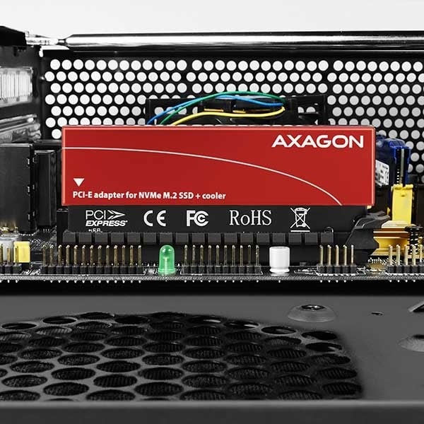 AXAGON PCEM2-S PCI-E 3.0 16x - M.2 SSD NVMe, do 80 mm SSD, key slot adaptér, kovový kryt pre pasívne chladenie