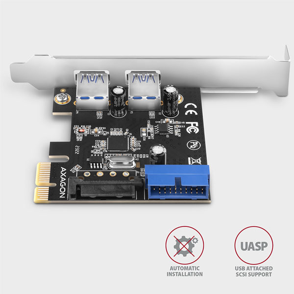 AXAGON PCEU-232VLS PCIe radič 2+2x USB3.0 UASP VIA + LP, 15-pin SATA napájanie