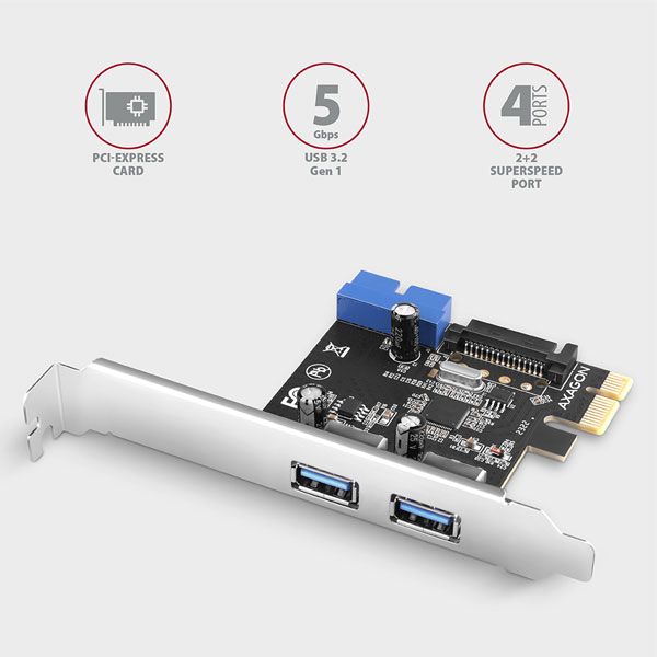 AXAGON PCEU-232VLS PCIe radič 2+2x USB3.0 UASP VIA + LP, 15-pin SATA napájanie