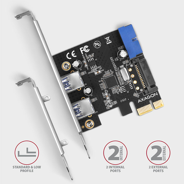 AXAGON PCEU-232VLS PCIe radič 2+2x USB3.0 UASP VIA + LP, 15-pin SATA napájanie