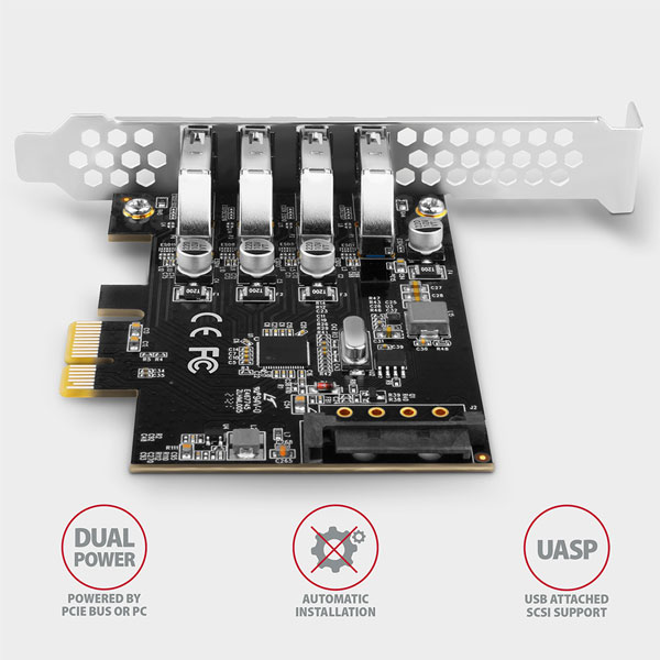 AXAGON PCEU-43RS PCIe radič 4x USB3.0 UASP VIA, 15-pin SATA napájanie AXAGON PCEU-43RS PCIe radič 4x USB3.0 UASP VIA, 15-pin SATA napájanie