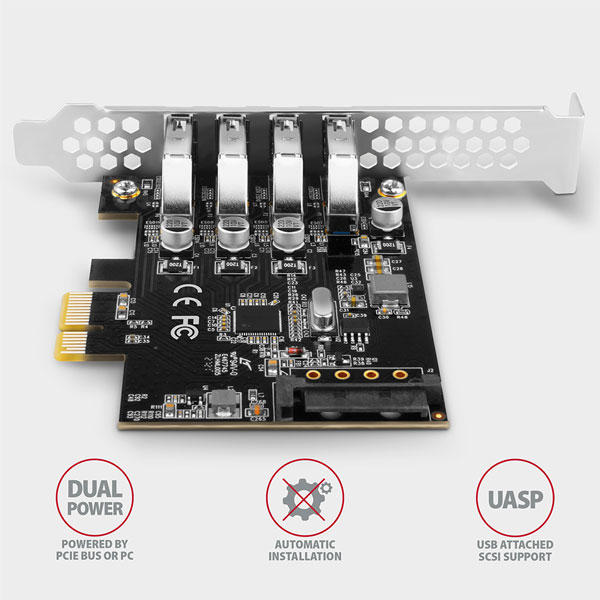 AXAGON PCEU-43RS PCIe radič 4x USB3.0 UASP VIA, 15-pin SATA napájanie