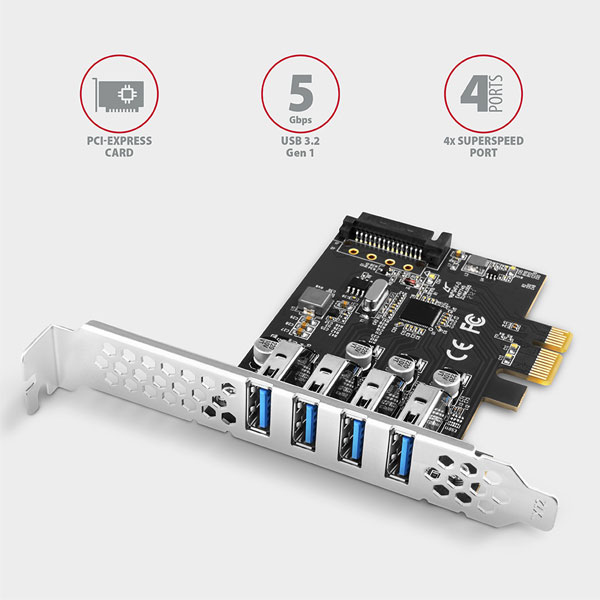 AXAGON PCEU-43RS PCIe radič 4x USB3.0 UASP VIA, 15-pin SATA napájanie
