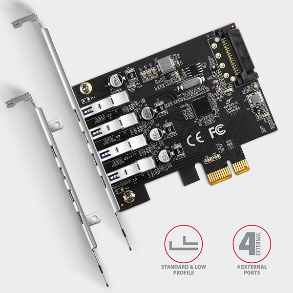 AXAGON PCEU-43RS PCIe radič 4x USB3.0 UASP VIA, 15-pin SATA napájanie AXAGON PCEU-43RS PCIe radič 4x USB3.0 UASP VIA, 15-pin SATA napájanie