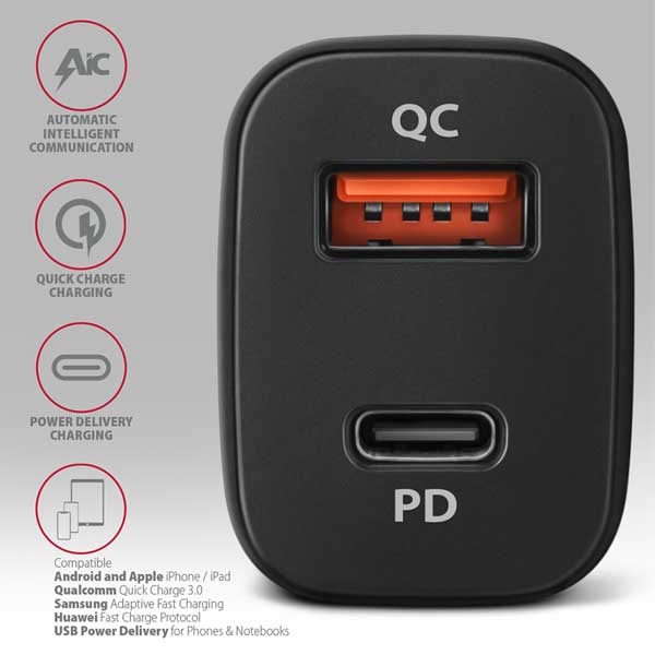 AXAGON PWC-PQ38 autonabíjačka 1x QC3.0 + 1x PD USB-C, 38 W, čierna