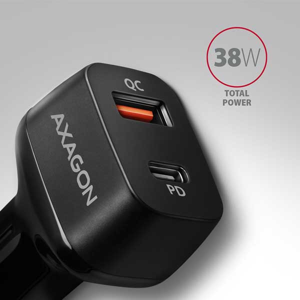 AXAGON PWC-PQ38 autonabíjačka 1x QC3.0 + 1x PD USB-C, 38 W, čierna