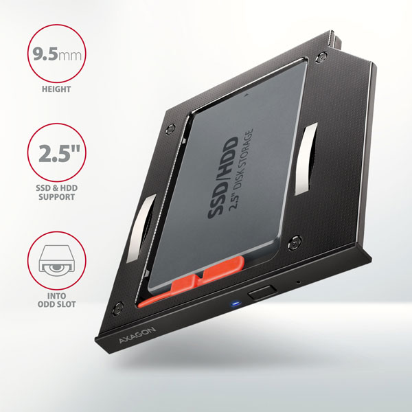 AXAGON RSS-CD09 2.5" SSD/HDD rámček na DVD slot, 9,5 mm, LED, ALU AXAGON RSS-CD09 2.5" SSD/HDD rámček na DVD slot, 9,5 mm, LED, ALU
