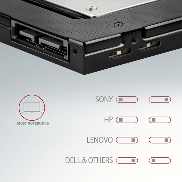 AXAGON RSS-CD09 2.5" SSD/HDD rámček na DVD slot, 9,5 mm, LED, ALU